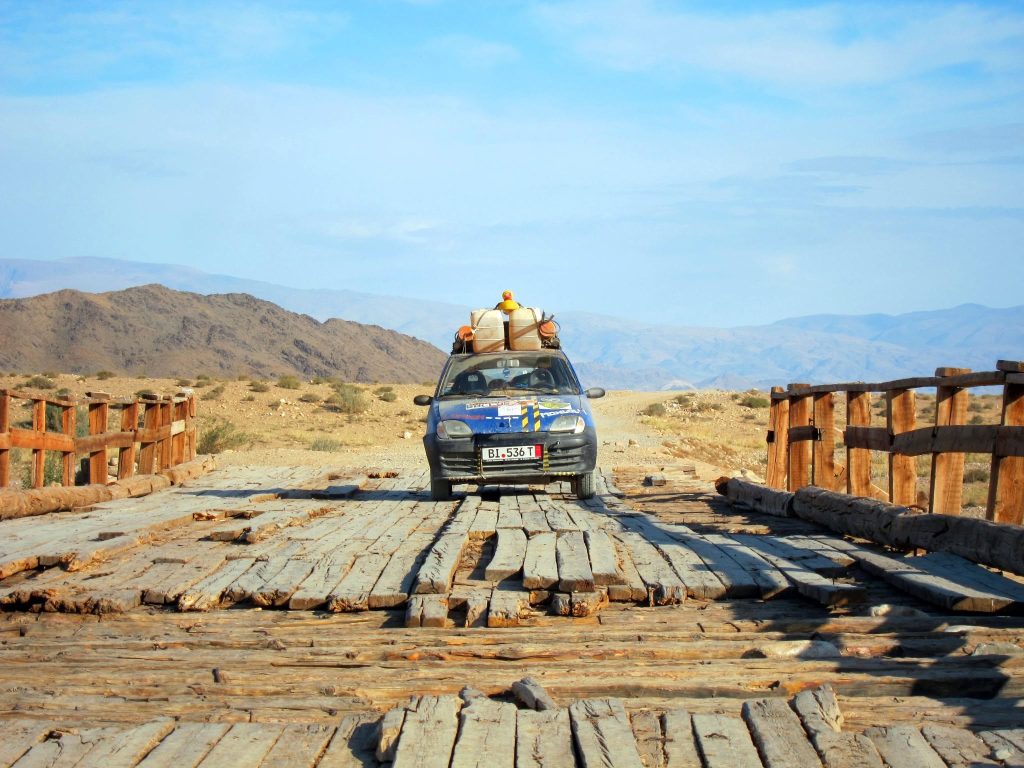 Crossing a wooden bridge in Mongolia
